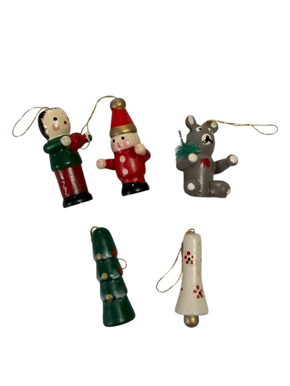 Vintage 1970s Miniature Hand Painted Wood Christmas Ornaments Lot of 5